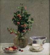 Henri Fantin-Latour Still Life with Vase of Hawthorn, Bowl of Cherries, Japanese Bowl, and Cup and Saucer oil painting reproduction